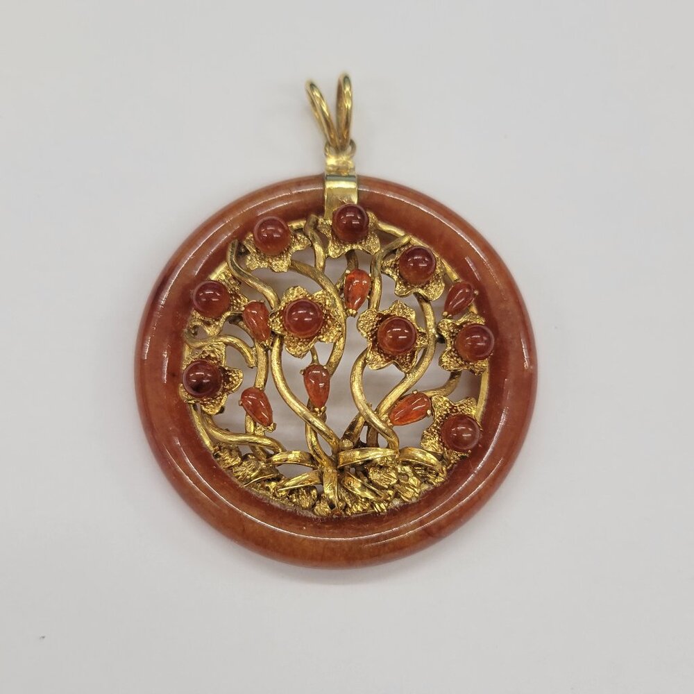 Tree of Life in Red Jade Circle Pendant, 14kt Yellow Gold
